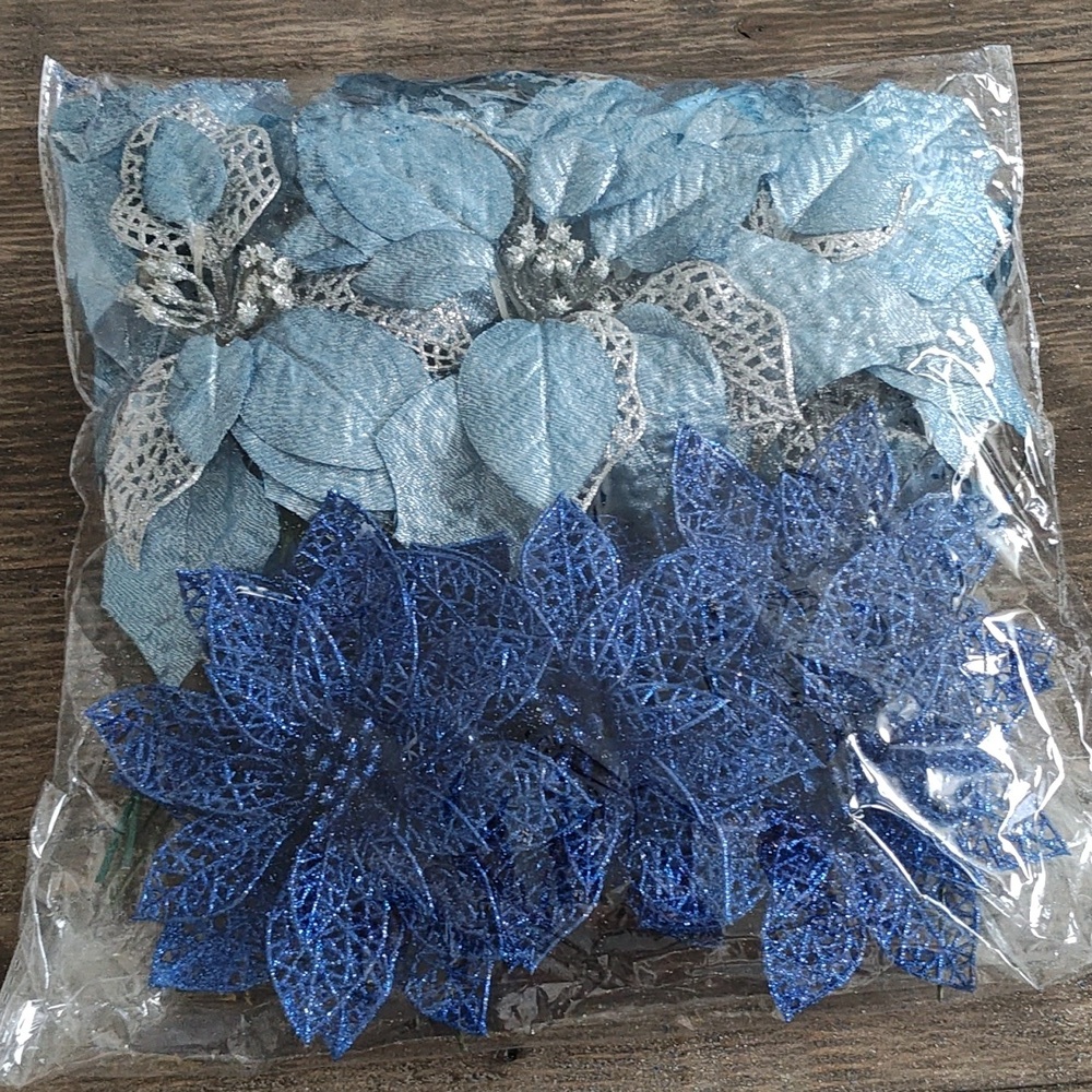 New Blue Glitter Poinsettia Christmas Tree Ornaments SET
